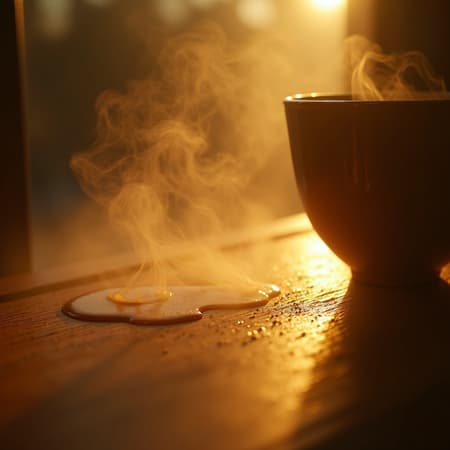 Extreme macro close up of a sunlit kitchen table, the frame filled only with the edge of a ceramic cup, drifting steam, wood grain, a few dust motes, and a drop of spilled tea glowing on the surface, but within this tiny everyday moment the infinite consciousness is unmistakably visible, the steam opens into vast luminous fields of golden white awareness, sacred geometry and flowing cosmic patterns shine inside the vapor, the wood grain contains galaxy like rivers of light, the tea droplet reflects endless radiant space, every particle and surface reveals the god within everything everywhere always, deep indigo and violet undertones inside the warm morning gold, no visible room beyond the table, only intimate matter dissolving into boundless presence, photoreal cinematic macro, razor sharp texture, volumetric glow from within all objects, serene overwhelming spiritual awe, 100mm macro lens look, ultra detailed, transcendent realism.