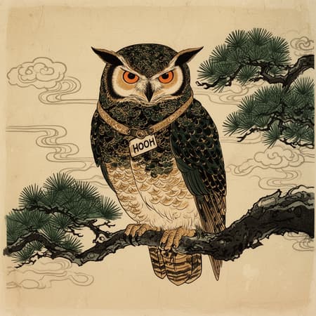 Ukiyo-e woodblock print of an ornate owl perched on a branch, full body, centered, traditional Japanese art style. The owl has intricate patterns in shades of dark green, black, gold, and cream, with large orange eyes. It wears a collar with a tag reading "HOOH". The background features stylized pine branches and delicate clouds, all on a textured, aged parchment-like paper. Bold black outlines, flat colors, high contrast, muted natural colors.