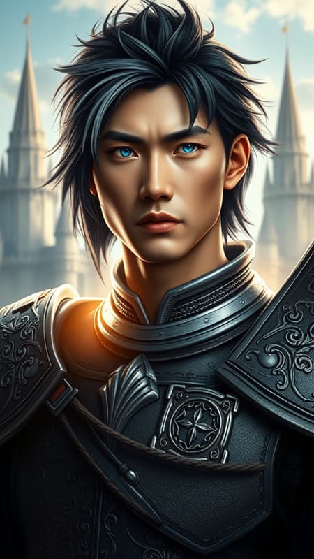 medieval fantasy portrait of an imposing and strikingly handsome asian male warrior, clad in intricately designed armor, set against the backdrop of a majestic fantasy castle bathed in the soft glow of morning light, his hair a sleek cascade of black and silver, eyes radiating an electric blue aura, exuding an intense and enigmatic demeanor.