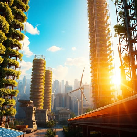 Award-winning depiction of a solarpunk cityscape featuring towering vertical gardens and golden sunlight streaming through transparent solar panels, creating an ecologically sustainable environment. The scene includes intricately designed wind turbines against a vibrant city background, evoking a sense of visionary futurism reminiscent of Hayao Miyazaki's artwork. Captured with a Nikon D850 using film stock, the image showcases rich colors and lifelike textures with dramatic lighting. The use of a Cinestill 800 film lends a vibrant contrast, resulting in a bright and detailed composition.