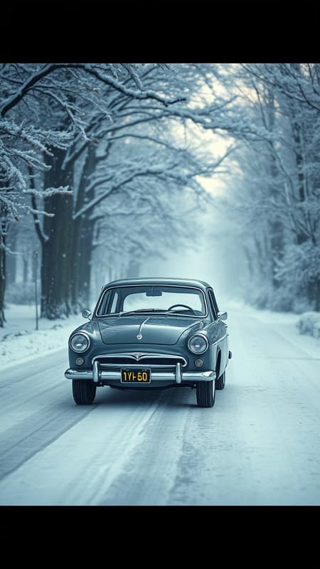 A winter scene with a hyper-realistic portrayal of a classic 1960 grey Fiat Tipo sedan navigating a snow-covered road, surrounded by frosted trees and glistening ice, the vintage car's chrome detailing reflecting the soft, diffused light of a pale winter sun.