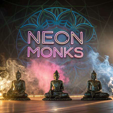 Album cover: 'NEON MONKS' glowing in chrome sanskrit-inspired letters, floating over meditating robots in lotus position, incense smoke forms digital patterns, holographic mandala background, synthwave sunset colors