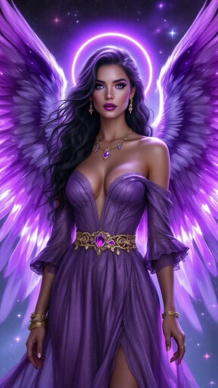 They say that purple stars don't exist in space, or that we can't see the light they emit...but they do, and there is an Angel that resides over them. She is a beautiful Angel with huge wings with the colors of Violet, purple, magenta, amethyst, lilac and magenta wings. She appears as a feminine Caucasian woman-- tall, statuesque, strong, slender but athletic. Her hair is black with streaks of purple throughout, swept back on one side, curly Bangs swept to one side with long loose curls falling over her shoulders. Her eyes are bright Violet and shine like jewels, her lips magenta, her face modelesque and pretty.  There is a glowing bright Violet halo over her head. She wears a shiny metallic long sleeved off the shoulder gown, the sleeves lacey and delicate. She wears a gold necklace around her neck with an amethyst stone pendant. Gold bracelets on her wrists, and a metallic gold belt with amethyst stones around her waist. The bottom part of her gown is flowing gently, she wears golden high heeled sandals on her feet. She stands on the edge of a galaxy, and there are purple stars where she resides. She weilds a bright Violet flame within her hands, it vanquishes evil and darkness. She is the keeper of the Holy Violet Flame. She is God's Angel of mystery and all things unkown. Full body pose. They say that purple stars don't exist, but SHE DOES... 