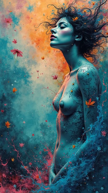 Psychedelic digital collage infused with Sam Guay's visionary style, vibrant explosions of color, reminiscent of Serge Marshennikov's emotive touch; immerse in fluid watercolors and flowing figurative forms, an interplay of cyan and bronze hues, swirling into dynamic vortexes, capturing an evocative essence.