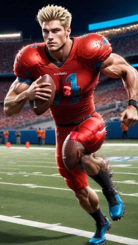 Super-hero, football Player, sports figure, college football. Hypermasculine male, Caucasian white male, young man (about 18 thru 21). Tall, muscular, sinewy, athletic, fit, wide bach and shoulders, broad chest, narrow waist, big thighs and calves. Super fast, can outrun a car, leaves a trail of wind in his wake. Unstoppable, can plow through his opponents on the football field. Handsome, rugged good looks. Light golden blonde very short hair, flat top hairstyle, close on sides and straight spiky on top. Deep set aqua-blue eyes, strong brow and chin, mild soul patch on face. Cleft in chin, cute dimples on face. Black strips under his eyes to reduce glare. Bare chest, shirtless, sweat running down his chest and legs after a hard practice. Black shoulder pads, elbow pads and knee pads on the outside of his body. Bright red (((red))) shiny football shorts stretched over his bulging crotch, revealing strong powerful thighs and legs. Black cleated football shoes. Usually running, a need for speed. Full body pose. 