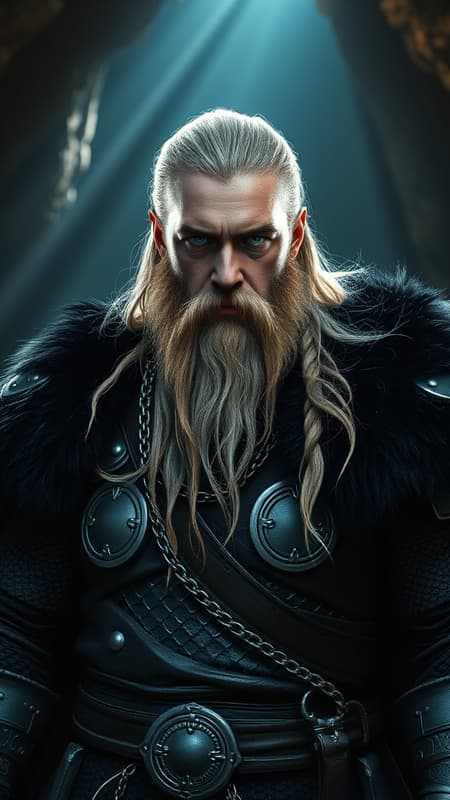 Viking male warrior with fierce intensity, flowing long blonde hair, a rugged long beard, and rough pale skin that tells tales of many battles. His striking blue eyes hold a captivating gaze, set in hauntingly handsome, symmetrical features that blend both bulk and narrow characteristics, creating an image of male angelic elegance. His armor is battle-worn yet majestic, consisting of grey chainmail and intricate lamellar design complemented by a cloak of rich black animal fur. The scene is bathed in dramatic lighting, with piercing sun rays and divine god rays illuminating the darkness of the cavern around him. The atmosphere exudes fantasy and D&D elements as the warrior strikes a dynamic pose, his full body captured in breathtaking realism. Fine details are showcased in soft illumination, with a masterful depth of field and calculated blur adding to the cinematic quality. Rendered with photorealism at 8k resolution, the image is hyperdetailed and ultra-detailed, evoking a sense of grandeur and heroism, reminiscent of a vray render, in a tall aspect ratio of 9:16.