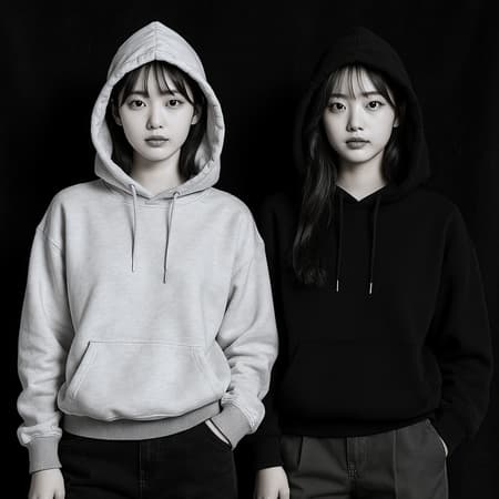Modern Korean fashion, hooded sweatshirts, stylish young women, dark backdrop, contemporary design elements, streetwear influence, monochrome aesthetics, casual yet chic, urban vibes, subtle elegance, trendy patterns.