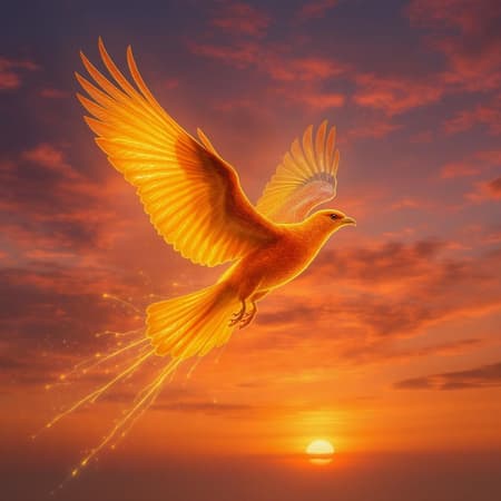 A radiant bird soaring gracefully through a sunset sky, its feathers shimmering with the intensity of a thousand flames, leaving trails of light in its wake as it dances effortlessly against the vibrant hues of a fiery horizon.