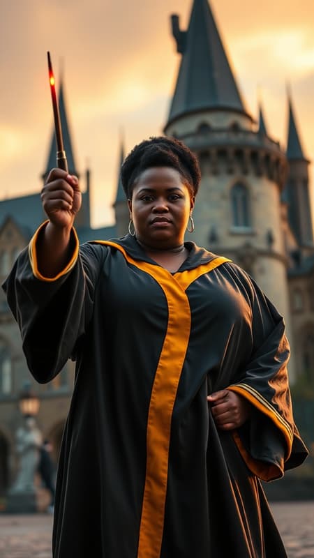 A determined 30-year-old African American woman stands in front of the iconic Hogwarts School of Witchcraft and Wizardry, confidently practicing the Dark Arts with her wand. Her thick figure is adorned with a striking black and gold Hogwarts robe, and her wand glows with magical energy as it's held aloft. Her intense expression reflects her commitment to mastering spells to protect her students from an impending threat. Bathed in the warm glow of the golden hour, the scene exudes a magical ambiance, with muted hues and hints of blue and purple in the background. Her wand movements exhibit precision and grace, evidence of years of disciplined practice. The majestic Hogwarts castle rises in the background, symbolizing the rich history and tradition of the wizarding world. Her passion for magic is palpable in her every move, showing no fear as she embraces the Dark Arts to defend all that she holds dear.