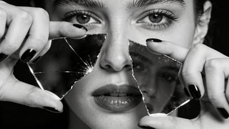 Reflection of woman face, close-up from lips to eyes, in a a piece of broken mirror which she holds in her hand. Her fingernails are with a dark polish. Almost monochrome. Blurry dark background behind the mirror.