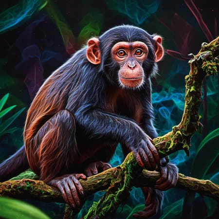 Psychedelic-inspired monkey artwork featuring vibrant neon colors with a focus on glowing effects, intricate patterns, and abstract elements that highlight the energy and playfulness of the animal in a fantastical jungle setting.