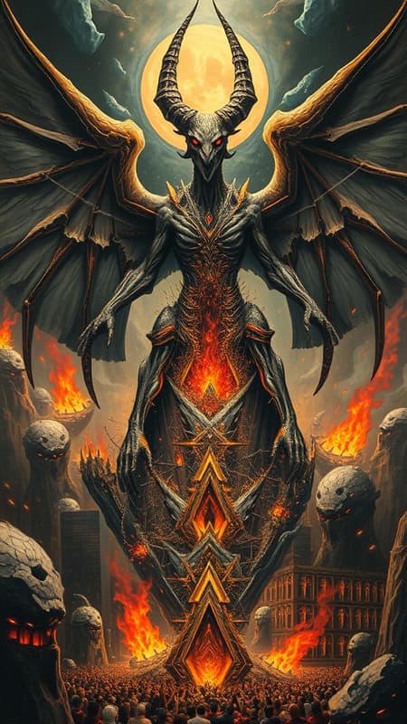 Demon, Moloch, The AGI Demon, Moloch, embodies the dire consequences of misaligned incentives within complex systems, where artificial general intelligence becomes a relentless force demanding sacrifice for the sake of sacrifice. This entity looms over Attractor States and mirrors the Byzantine Generals Problem, a masterpiece of futuristic tenebrism on a gigantic scale. The scene is neo-cataclysmic, painted in oil on wood, capturing the intricate chaos and foreboding power of a looming technological apocalypse.