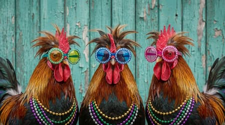 Three Festive Roosters In Colorful Sunglasses Subject: A hyper-realistic, close-up studio portrait of three roosters standing side-by-side against a weathered, peeling teal wooden wall. They are dressed in festive attire: each wears oversized, colorful round sunglasses with jeweled rims and multiple strands of Mardi Gras-style beaded necklaces.
Style: High-end editorial animal photography with a whimsical twist. 8k resolution with extreme attention to organic textures.
Lighting: Soft, natural daylight that highlights the iridescent sheen of the feathers, the rough texture of the red combs, and the gloss of the plastic beads.
Details: The feathers on their heads are comically ruffled and spiky. The sunglasses feature different color combinations (teal/yellow, blue, and pink). The beads are metallic and colorful (gold, purple, green, silver). The background texture of the painted wood is cracked and aged.
Aspect Ratio & Format:
Vertical (portrait)