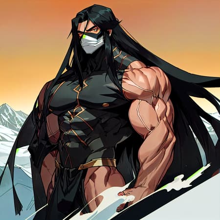 A muscular man with long black hair, bright eyes and mask on his face standing top of the mountain 