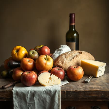 A rustic still life featuring a variety of plump, ripe fruits and a loaf of crusty bread resting on a timeworn wooden table, an antique wine bottle poised beside a wedge of creamy cheese, all bathed in the gentle, diffused glow reminiscent of Rembrandt’s masterful touch. The scene exudes a sense of timeless elegance and the warmth of bygone eras. A rustic still life featuring a variety of plump, ripe fruits and a loaf of crusty bread resting on a timeworn wooden table, an antique wine bottle poised beside a wedge of creamy cheese, all bathed in the gentle, diffused glow reminiscent of Rembrandt’s masterful touch. The scene exudes a sense of timeless elegance and the warmth of bygone eras.