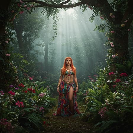 A majestic amazon woman standing amidst a lush, enchanted forest, her striking features accentuated by the soft, ethereal glow of fairy lighting. The scene is ultra-detailed, with her vibrant, colorful attire blending seamlessly into the vivid greens and florals surrounding her. Volumetric rays of light pierce through the tree canopy, casting an enchanting, photorealistic aura that illuminates the textures with a stunning high dynamic range, creating a harmonious balance between nature and mystique in a captivating vertical composition.