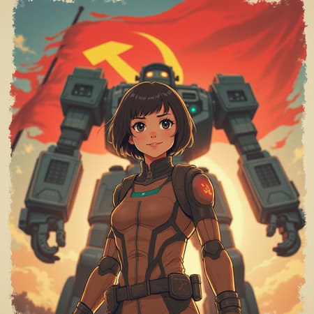 A young girl in a futuristic sci-fi suit stands confidently, her eyes gleaming with determination, styled in the bold aesthetic of a Soviet-era poster. Behind her, the iconic hammer and sickle symbol is prominently displayed, blending seamlessly with the powerful silhouette of a massive Mech. The sunny weather illuminates the scene, casting natural highlights and shadows, while the visuals embrace the vivid, dynamic graphics of anime and manga. The use of dark, rich colors enhances the dramatic effect, giving the image an offset printing feel. Every detail is meticulously rendered, creating a high-definition, 8K, CMYK masterpiece. The girl exudes happiness and optimism, embodying a sense of hope and progress, perfect for a striking, retro-futuristic poster design.
