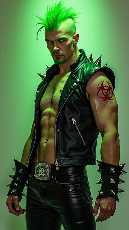 masculine man, Caucasian male. Heavy Metal and Punk Rock fan. Tall, thin, lithe but muscular, sinewy, well defined, wide shouldered. Pale skin, strong brow and chin. Rugged good looks. Electric green eyes, intense gaze, often sneering. Bright green hair, shaved on the sides and top, with a shark fin Mohawk hairstyle in the center of his head. 3 spiked piercings down the center of his forehead. Goatee on the face is also green. He wears a sleeveless black leather motorcycle jacket, unzipped. Black leather bracers on his arms, silver spikes on them (bracers).  Red biohazard tattoo on his left arm. Armpit hair is also green, which he displays proudly. Black leather jeans, with a spiked leather belt. A silver biohazard symbol as the belt buckle. Full body pose. His aura is a radioactive green, often toxic to the people around him. He roams the city streets. 