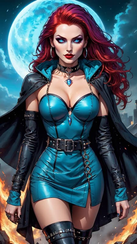 Super-hero, WITCH. young woman, female. She can control the weather and create magic with violet-purple energy from her hands. Long, wild flaming red hair swept back on one side. Cyan-blue eyes, Ruby red lips. Pretty, model girl, athletic, tall, busty. Silver chain with crystal moon pendant around neck. Black hooded cloak, long fingerless gloves on arms. Black mini-dress, studded leather belt. Long legs, textured sheer black stockings. Knee-high stiletto-heeled black leather boots, buckles on sides of boots. Full body pose, wind blowing. Super-hero, WITCH. young woman, female. She can control the weather and create magic with violet-purple energy from her hands. Long, wild flaming red hair swept back on one side. Cyan-blue eyes, Ruby red lips. Pretty, model girl, athletic, tall, busty. Silver chain with crystal moon pendant around neck. Black hooded cloak, long fingerless gloves on arms. Black mini-dress, studded leather belt. Long legs, textured sheer black stockings. Knee-high stiletto-heeled black leather boots, buckles on sides of boots. Full body pose, wind blowing.