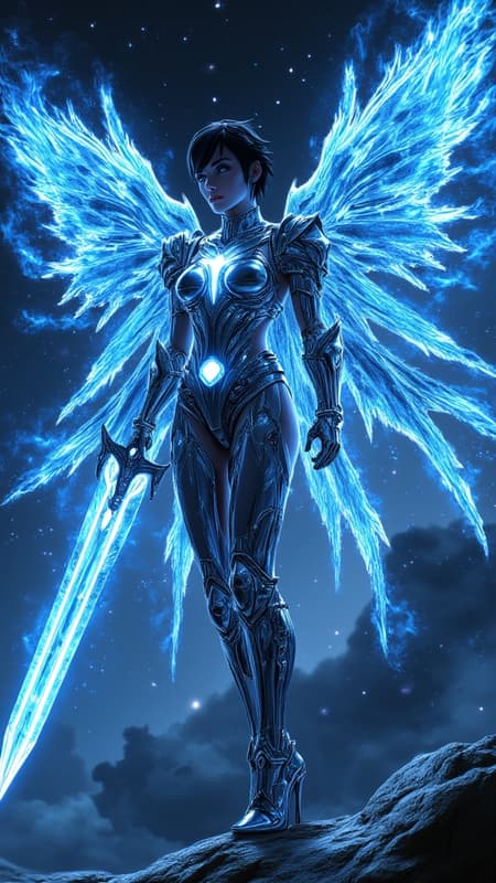 Futuristic Sci-Fi meets mythology and spirituality. Battle goddess, goddess of vengence and retribution. Avenging Angel, God's favorite destroyer of evil, demon killer, galactic traveller, space goddess. Her avatar is that of an otherworldly being; she is tall, strong, athletic, statuesque. Her physical being/skin is the fabric of the universe, you can see darkness with stars and galaxies within her physicality. Her eyes are two new-born stars, shining brightly. Her hair is jet-black medium length and spiky, asymmetrical and swept back on the sides with spiky bangs, also reflecting the universe. Chrome pauldrons on her shoulders with white gems lit up from within. Chrome bracers on her arms, chrome breastplate with glowing white glyphs, chrome tech belt on her waist with glowing blue stone at the center. Chrome shorts/ short pteruges, chrome thigh guards. Chrome knee-high boots with heels, glowing white glyphs within the boots. She has six HUGE flaming wings of fire like a seraphim, composed of bright blue flames. She carries a gigantic flaming blue sword of light and fire. She has more than enough power and glory to destroy whatever evil confronts her. When The Creator sets her to a task, she does not stop until it's completed or The Creator calls her off. Full body pose, in space defending a galaxy, the stars reflected off her chrome outfit. {{{6 flaming wings of bright blue fire}}}  {{{MASTERPIECE}}} 