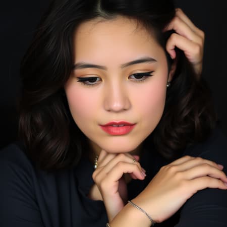 A young woman with shoulder-length, curly brunette hair gently rests her head on her interlocked fingers. She is dressed in a charcoal grey blouse and has a thin silver bracelet on her right wrist. Her expression is serene and thoughtful, enhanced by a touch of natural makeup and soft coral lipstick. The background is dim and out of focus, drawing attention to her face and hands. A young woman with shoulder-length, curly brunette hair gently rests her head on her interlocked fingers. She is dressed in a charcoal grey blouse and has a thin silver bracelet on her right wrist. Her expression is serene and thoughtful, enhanced by a touch of natural makeup and soft coral lipstick. The background is dim and out of focus, drawing attention to her face and hands.