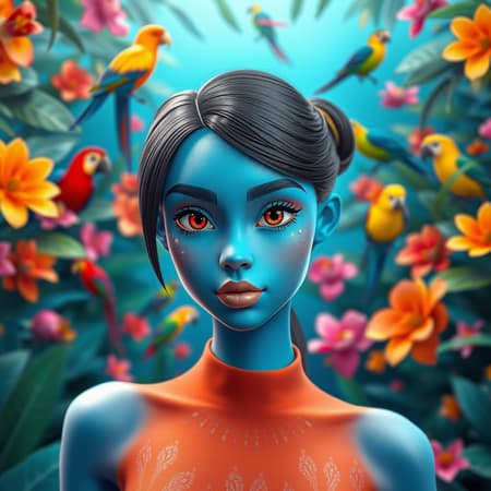 Fashion photography portrait of a blue human avatar in a vibrant blue jungle filled with exotic flowers and colorful birds, rendered in 3D with a CGI aesthetic. The scene is elegantly symmetrical, captured with an octane render, using a 35mm lens to achieve a dreamy bokeh effect. The aspect ratio is 9:16, enhanced by HDR techniques to bring out vivid colors and details. The overall style combines elements of 3D, cartoon, and anime artistry, focusing on a playful and imaginative interpretation. The avatar features realistic skin textures with artistic imperfections such as skin spots and blemishes to add character, presenting a young female with striking red eyes and a subtly muscular physique, evoking a sense of strength and grace within this fantastical environment.