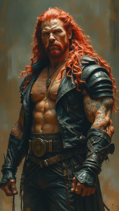Heavy Metal/Hard Rock, motorcycles. Male motorcycle/biker gang member. Mature man, sexy, attractive, virile. Handsome face, strong brow and jaw, thin red goatee, jade green eyes. Surly grin. 
 Hypermasculine, manly, very tall, muscular, big muscled, sinewy, broad chest, narrow waist, big biceps.  Long wild locks of flaming red hair, side parted. Slightly hairy chest, tattoos on arms and chest. Black leather vest, open and exposing chest. Black leather pants and boots, studded belt around waist.  Leaning back, legs open, huge crotch.  Full body pose. 