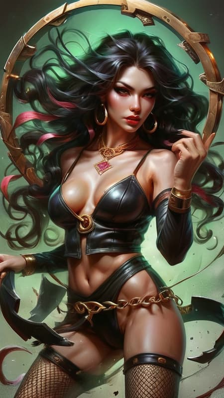 Tarot Card reader, Irish Gypsy, psychic. Model. Feminine,Caucasian woman of Irish heritage. Tall, strong, fit, lithe, slender but shapely. Sensuous. Long black layered hair, side parted with loose curls cascading over one eye, with one long red streak on that side. Thin gold circlet band around her forehead. Pretty face with green eyes {{mint green eyes}} and long lashes, giving that knowing look. Glossy ruby lips. Fair skinned. Delicate gold necklace with Celtic amulet around her slender neck, small golden hoop earrings in her ears. Black spandex crop top with scooped out neck and long sleeves, a hot pink mini-vest over top of it. Gold bangle bracelets on her wrists. Black leather designer belt with a golden ring buckle around her waist. Form fitting and higher on one side knee length skirt, hot pink and slit down one side. Black fishnet stockings on her shapely legs. High heeled black stiletto shoes, with straps around her ankles. Full body pose, Tarot cards flying through the air, signifying her psychic powers. 