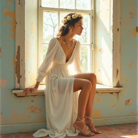 Ultra-detailed surreal watercolor fashion portrait of a woman sitting on a weathered windowsill in a sunlit, dilapidated room. flowing white dress with long sleeves and a deep V neckline, thigh-high slit. layered gold jewelry and floral hair accessories. strappy sandals with wrap-around leg ties. peeling pastel walls, chipped tiles, rough wood textures. warm natural light, golden hour, soft shadows. color palette: ivory, cream, gold, pale blues, blush pinks. mood: ethereal, romantic, editorial. composition: intimate mid-shot to knee-high, slight side angle,