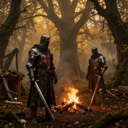 Generate a dark fantasy image: Two grim medieval knights stand in a haunted autumn forest, the air thick with golden mist and decay. One knight stands near a crackling campfire, his armor worn and scarred, a red crusader cross painted across his chestplate. His hand rests on the hilt of a brutal sword at his side as glowing embers drift into the twilight. Nearby, a second armored warrior watches silently from the trees, gripping a greatsword that reflects the fire’s light with a cold glimmer. Towering ancient trees loom overhead, their bark dark and gnarled, while forgotten wooden structures and a moss-covered well suggest the ruins of a once-living settlement. Bones and broken tools lie half-buried in the dirt. The mood is somber and foreboding — a world of cursed duty and quiet dread, painted in muted golds and browns, cinematic, realistic, richly textured, gothic dark fantasy. --ar 2:3