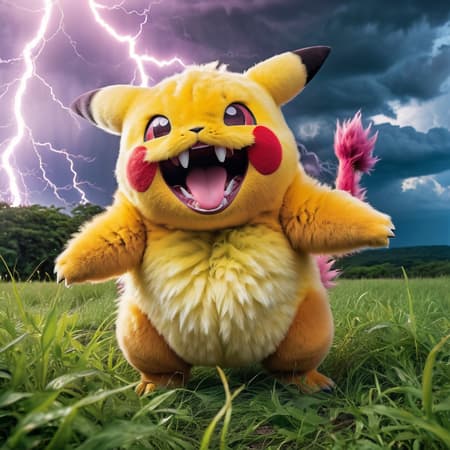high quality art , taken with a professional grade camera with exquisite color grading , full body , massive Pokémon , happy face ,mouth , tongue , fangs , pokemon , grass around , real , photoreal , strong legs and hands , fluffy , 35mm , lightnings and thunder around , (tries to hug:1.2) , large claws on hands, electric aura around