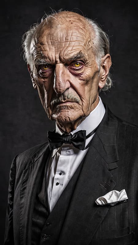 horror. Creepy old Butler, necromancer. Usually surrounded by wispy floating spirits and ghosts. Caucasian male,  old man. Grey eyes sunken in, male pattern baldness gray hair (what's left of it). Dour, angry frowning face, never smiles. Wrinkles. No facial hair. Tall, lithe but strong, sturdy. Eggplant colored butlers suit with white shirt and gloves, black bowtie. Black shoes. Full body pose, usually pouring poison tea. 