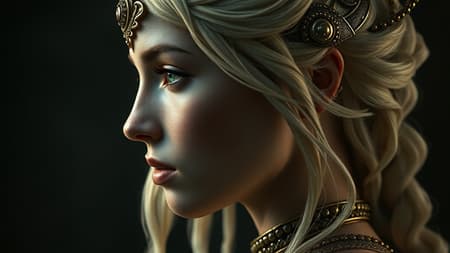 A captivating side profile of an intricate, detailed game character embodying an eternal goddess with enchanting green eyes, captured in ultra-realistic, hyper-detailed photographic style. The setting is subtly dim, accentuating the goddess’s ethereal presence. Photography inspired by the artistry of Irving Penn and Annie Leibovitz, with expert retouching akin to Pratik Naik's techniques. The composition maintains a natural elegance, with gentle play of light and shadow enhancing the textures and features, giving a sense of timeless majesty in a portrait that feels both mythical and tangible.