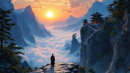 Create a picture of a lone robed traveler stands on a narrow stone path carved into a towering mountain cliff, facing an ancient East Asian temple perched above the valley, vast sea of clouds below, layered mountain silhouettes in the distance, huge glowing sun low on the horizon, orange and coral sunset sky with scattered clouds, tall wind shaped pine trees clinging to the rocks, a few tiny pilgrims ascending the stairway, cinematic wide shot, slightly elevated perspective, dramatic depth, warm sunset light reflecting on worn stone, cool blue shadows in the cliffs, atmospheric haze, rich contrast, textured rock surfaces, tranquil and contemplative mood, painterly cinematic still, highly detailed, epic composition, soft brushwork, balanced warm and cool color palette, award winning, a masterpiece, DB4RZ, DB4RZ style painting, NeoPigma, in the style of cksc,, anime, cyberpunk, a masterpiece, award winning,