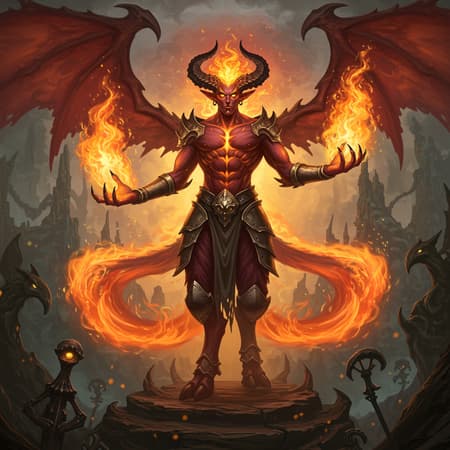 Demonic Fire Demonic fire spirit Ifrit standing majestically amidst swirling flames, inspired by the mythos of Final Fantasy and the imaginative realms of Dungeons & Dragons. Set in a fantastical landscape with intricate and highly detailed design elements, rendered using digital painting techniques. The artwork is meant for ArtStation, exuding a concept art feel with a matte finish and sharp focus, echoing the illustrative style of Hearthstone. Influenced by the iconic artistry of Artgerm, Greg Rutkowski, and Alphonse Mucha, this 8k resolution masterpiece balances elegance and complexity, capturing the essence of fantasy with a touch of creative deviation.