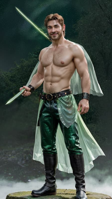 Faery of Celtic/Irish origins. Fairy, part pixie. Swordsman, warrior. Short and stocky, but muscular, very well built. Masculine Caucasian male. Broad shoulders, broad chest, narrow waist. Fair skinned, twinkling jade green eyes. Very short dark brown hair, usually slicked back/combed back with a green velvet stovepipe tophat on top of his head. Handsome face, rugged looks. Strong brow and chin, dark brown goatee on his face, cute smile. He wears a long sleeved translucent sheer green mesh shirt with swirly patterns in various shades of green; it fits tight across his chest. Black leather bracers on his arms, a black leather studded belt around his waist. The belt has a huge green emerald belt buckle. Form-fitting green jeans, the legs tucked into tall black leather boots with silver buckles. He has a pair of huge dragonfly wings, green and translucent--he uses them to fly. He glows with a shiny green aura and leaves a trail of twinkling green pixie dust wherever he goes. It twinkles like stars. He carries a glowing silver short sword, the hilt decorated with emeralds. Full body pose, flying through the clouds, rainbows in the sky. Faery of Celtic/Irish origins. Fairy, part pixie. Swordsman, warrior. Short and stocky, but muscular, very well built. Masculine Caucasian male. Broad shoulders, broad chest, narrow waist. Fair skinned, twinkling jade green eyes. Very short dark brown hair, usually slicked back/combed back with a green velvet stovepipe tophat on top of his head. Handsome face, rugged looks. Strong brow and chin, dark brown goatee on his face, cute smile. He wears a long sleeved translucent sheer green mesh shirt with swirly patterns in various shades of green; it fits tight across his chest. Black leather bracers on his arms, a black leather studded belt around his waist. The belt has a huge green emerald belt buckle. Form-fitting green jeans, the legs tucked into tall black leather boots with silver buckles. He has a pair of huge dragonfly wings, green and translucent--he uses them to fly. He glows with a shiny green aura and leaves a trail of twinkling green pixie dust wherever he goes. It twinkles like stars. He carries a glowing silver short sword, the hilt decorated with emeralds. Full body pose, flying through the clouds, rainbows in the sky.