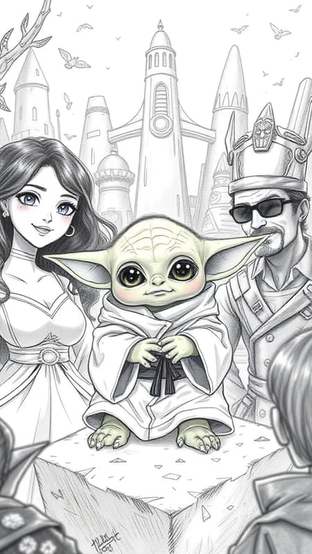 Baby Yoda, cbzbb style, intricately detailed, fantasy setting with dreamlike and surreal elements, extremely cute, pencil sketch style as seen on trending ArtStation pieces, imperfect photo-like quality, whimsical illustration, cartoon character, inclusive of a diverse group featuring a woman, man, and various people, hero theme with a nod to iconic characters like Iron Man, featuring a baby and infused with an anime aesthetic.