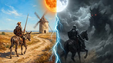 Split image, left side: Don Quixote on a donkey, riding on a dusty path towards a windmill under a bright blue sky. The sun is a half-sphere, glowing orange. Realistic art style with painterly brushstrokes.
Right side: A knight in full armor on horseback, facing a colossal, shadowy monster with glowing eyes, emerging from dark, dramatic storm clouds. The moon is a half-sphere, luminous white. Dark fantasy art style.
A jagged, bright lightning bolt vertically divides the image down the center, extending from the half-sun/moon at the top to the bottom. Dynamic lighting, high contrast, epic mood.