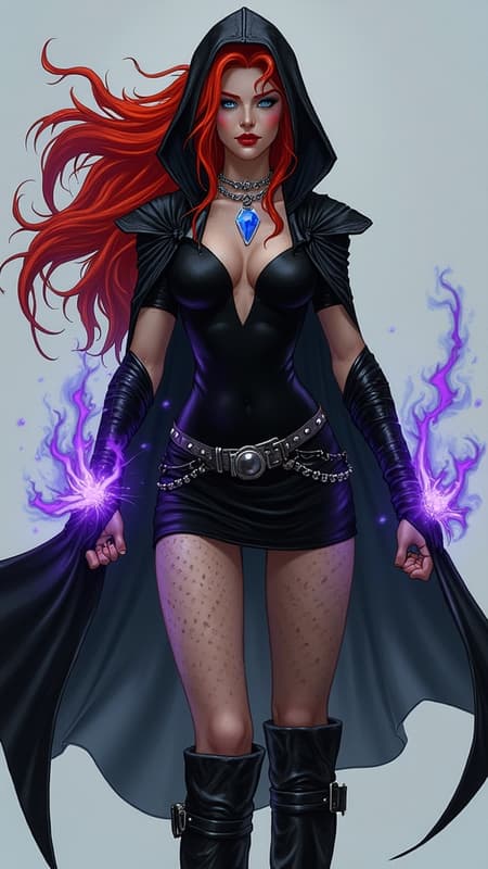 Witch, super-hero. Feminine young Caucasian woman. Long, wild flaming red hair swept back on one side. Cyan-blue eyes, Ruby red lips. Pretty, model girl, athletic, tall, busty. Silver chain with crystal moon pendant around neck. Black hooded cloak, long fingerless gloves on arms. Black mini-dress, studded leather belt. Long legs, textured sheer black stockings. Knee-high stiletto-heeled black leather boots, buckles on sides of boots. Violet energy/fire from hands/fists. She can control the weather. Full body pose, wind blowing. Witch, super-hero. Feminine young Caucasian woman. Long, wild flaming red hair swept back on one side. Cyan-blue eyes, Ruby red lips. Pretty, model girl, athletic, tall, busty. Silver chain with crystal moon pendant around neck. Black hooded cloak, long fingerless gloves on arms. Black mini-dress, studded leather belt. Long legs, textured sheer black stockings. Knee-high stiletto-heeled black leather boots, buckles on sides of boots. Violet energy/fire from hands/fists. She can control the weather. Full body pose, wind blowing.