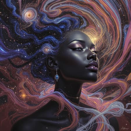 A highly detailed digital painting of a black woman exuding cosmic energy, with a burst of vibrant colors enveloping her. She has a symmetrical and elegantly detailed face adorned with realistic, captivating round eyes and a kind, nonchalant expression. The artwork exhibits a dreamy, magical atmosphere, blending elements from the styles of Artgerm, Greg Rutkowski, and Alphonse Mucha. The focus is sharp and smooth, capturing an intricate and ethereal beauty. Remove elements such as glasses, out-of-frame, low quality, text, and errors to ensure an impeccable portrait. The woman's features are exquisitely rendered, avoiding any distortions or imperfections, such as extra limbs or malformed anatomy. The painting is rich in detail and executed in a high-resolution format, akin to 4k or 8k, presenting an enchanting and otherworldly vision without any technical flaws.