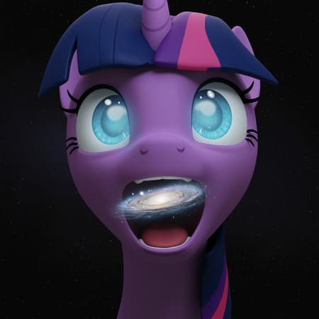A colossal Twilight Sparkle from My Little Pony, larger than a galaxy, drifts through the cosmos; an insignificant galaxy hovers before her vast, open mouth. The extreme close-up highlights her eyes, radiant and glimmering with an ethereal blue glow, as she prepares to consume the galaxy. The scene is rendered in vivid, photo-realistic detail, capturing the surreal grandeur of this cosmic spectacle.