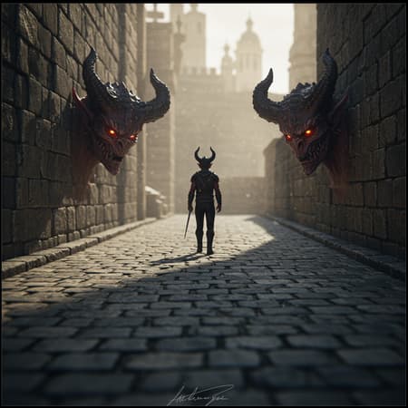 Demon Lurks Just Artwork A scheming demon lurks just beyond the city's ancient stone walls, poised by the well-trodden path to intercept an unsuspecting adventurer. The scene is captured in striking detail, with an incredible depth of field that draws focus to the demon's malevolent gaze and intricate features. Bathed in HDR lighting, every nuance of the creature's scales and the subtle textures of the road are vividly portrayed, creating a photorealistic masterpiece. The composition, reminiscent of award-winning art seen on platforms like ArtStation and CGSociety, boasts elaborate detailing and high resolution. A faint 8k watermark suggests a level of prestige, while a barely visible signature implies the artist's pride. The background fades into a gentle blur, enhancing the demon's unsettling presence, though there is a subtle sense of repetition, as if the demon's face mirrors itself in an eerie, cloned fashion.