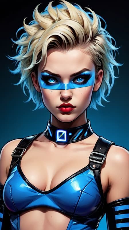 Her name is Electric Blue. Super-hero. That perfect cross between supermodel and punk rock. Feminine Caucasian female, young woman in her early 20s. Tall, athletic, thin but curvy, strong. Curly-spiky blonde Bob hairstyle with fluffy Bangs swept over one eye, a neon-blue streak of hair in the front. Pretty model face with long blonde lashes and electric blue eyes, glowing neon bright eyes. Punk Rock eye make-up in various shades of blue. Shiny glossy cherry-red lips. Her uniform is a spandex form-fitting cobalt blue with glowing neon blue glyphs/stripes on the fabric, top and pants. A shiny metallic chrome belt that curves downwards on her waist. Mid-calf black leather boots with high heels and silver grommets.
She can produce bright blue electricity/lightning from her hands and fire a stream of it at her opponents. She can also shock her enemies if needed. She can also become pure electricity and use it to travel along power lines and grids and incredible speeds. Her name is Electric Blue. Super-hero. That perfect cross between supermodel and punk rock. Feminine Caucasian female, young woman in her early 20s. Tall, athletic, thin but curvy, strong. Curly-spiky blonde Bob hairstyle with fluffy Bangs swept over one eye, a neon-blue streak of hair in the front. Pretty model face with long blonde lashes and electric blue eyes, glowing neon bright eyes. Punk Rock eye make-up in various shades of blue. Shiny glossy cherry-red lips. Her uniform is a spandex form-fitting cobalt blue with glowing neon blue glyphs/stripes on the fabric, top and pants. A shiny metallic chrome belt that curves downwards on her waist. Mid-calf black leather boots with high heels and silver grommets.
She can produce bright blue electricity/lightning from her hands and fire a stream of it at her opponents. She can also shock her enemies if needed. She can also become pure electricity and use it to travel along power lines and grids and incredible speeds.