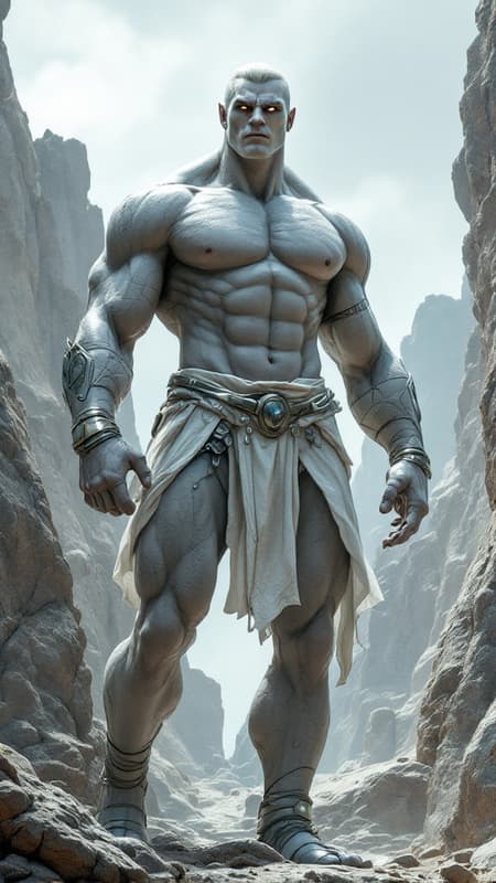 Sci-Fi futuristic fantasy, legend, homo-erotica. On another world, handsome giants known as Brutons emerged from the rock formations. They look like living statues, resembling bodybuilders or Greek wrestlers with their marble-like skin and gemstone colored eyes that shine. They all wear short wavy fade hairstyles of any color. Metallic circlets around their foreheads. Ruggedly handsome, masculine, beautiful men with strong brows and sculpted jaws. Their faces are serene and peaceful. They stand at 7feet tall or taller, and their bodies are physical perfection with broad chests and backs, narrow waists, muscular sinewy bodies, strong massive arms, powerful legs. Their bodies are sculpted to perfection by nature, and they wear very little clothing; iridescent diaphanous white thongs on their girthy loins and metallic sandals with straps up to the calves. Metallic bands around the tops of their biceps, and metallic bracers on their arms. 

They help build the futuristic city as well as guard it, carrying huge shining swords or fighting with their own massive muscles. When they are not standing at attention, they keep company with each other, laying together and absorbing sunlight. They do not sweat, but their bodies glisten and sparkle from the microcrystals inside their bodies. They do not speak, but share a telepathic bond with one another.  They are an all-male race, looking only to each other for pleasure when not building or gaurding. The other beings on their planet appreciate and love them very much for all they do. They stand guard in front of shining, glittering cities {{{MASTERPIECE}}} 