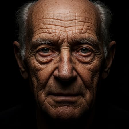 A striking image of an elderly man with deep-set wrinkles and silver hair, his face etched with the stories of a lifetime, surrounded by the stark contrast of a dark, black background. His eyes, though weary, shine with the wisdom of ages and the endurance of countless challenges faced. The high-definition details capture every nuance of his expression, from the gentle creases around his eyes to the faint hint of a knowing smile. Subtle hints of warm lighting illuminate his features, casting a serene glow that suggests both vulnerability and strength, encapsulating the essence of a life well-lived.