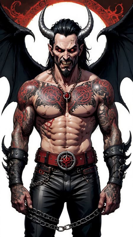 Cosmic horror. Chaos from creation. Abyss demon, death demon. Hypermasculine male, tall, extremely muscular, brute, sinewy. Pale white skin. Red, menacing eyes with dark circles around them. Strong brow and jaw, vampire-like fangs in his mouth. Black medium length hair, wild and unruly. 2 large white ivory horns curving up from the sides of his head. Black goatee on his face. His upper body is covered in dark red tribal tattoos and sigils, all neatly arranged. Big silver chains are wrapped around his massive chest in an o-ring style harness, also wrapped above his biceps. Heavy black leather bracers with spikes are on his arms. Hands have black, claw like fingernails. He wears form-fitting, leather bondage-type pants with chains around his waist. A large silver inverted pentacle as the belt buckle. Pants are tucked into big, heavy black boots adorned with silver metal. He has 2 gigantic demon wings, black on the outsides and reddish on the insides-- he uses them to fly. He has a dark aura and there is black smoke wherever he goes. Full body pose. He is a worshiper of Death. Cosmic horror. Chaos from creation. Abyss demon, death demon. Hypermasculine male, tall, extremely muscular, brute, sinewy. Pale white skin. Red, menacing eyes with dark circles around them. Strong brow and jaw, vampire-like fangs in his mouth. Black medium length hair, wild and unruly. 2 large white ivory horns curving up from the sides of his head. Black goatee on his face. His upper body is covered in dark red tribal tattoos and sigils, all neatly arranged. Big silver chains are wrapped around his massive chest in an o-ring style harness, also wrapped above his biceps. Heavy black leather bracers with spikes are on his arms. Hands have black, claw like fingernails. He wears form-fitting, leather bondage-type pants with chains around his waist. A large silver inverted pentacle as the belt buckle. Pants are tucked into big, heavy black boots adorned with silver metal. He has 2 gigantic demon wings, black on the outsides and reddish on the insides-- he uses them to fly. He has a dark aura and there is black smoke wherever he goes. Full body pose. He is a worshiper of Death.
