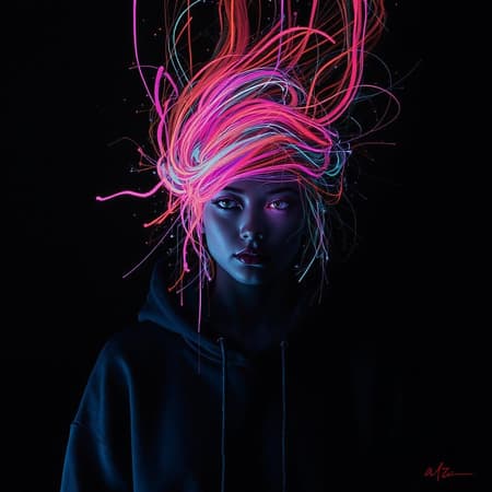 Digital art portrait of a female figure, focusing on the upper body and face. The figure wears a dark-colored hoodie, accentuated by a swirl of neon streaks emanating from her head. The style is simplistic, with a plain dark background enhancing visibility. Bright, contrasting shadows emphasize the colorful streaks. Facial features are minimal, highlighting the abstract design. There's a sharp contrast between the vivid subject and the dark backdrop, offering a straight-on perspective with digital flat color. The artwork embraces an abstract, raw aesthetic.