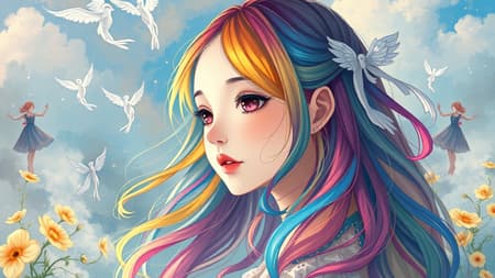 A whimsical scene featuring a girl with vibrantly colorful hair like a spectrum of a rainbow, set against a backdrop of a fantastical painting reminiscent of Yanjun Cheng's enchanting style. The atmosphere is alive with charming anime influences and fantasy-inspired art, infused with splashes of yellow and cyan, rendered in breathtaking clarity of 32k uhd. Ethereal figures float gracefully in the background, embodying the essence of rainbowcore, their delicate forms adding a mystical aura, completing this visual symphony.