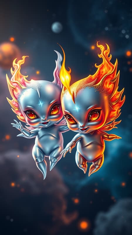 Little flaming cosmic babies. They all have fiery auras, the flames are cosmic and can burn in space. The gold ones have reflective metallic gold skin and glowing amber eyes, the silver ones have metallic chrome skin and glowing white or glowing blue eyes. They all have a tiny flame emitting from their foreheads, signifying their power. They hang out together in groups, flying through the cosmos feeding on the energy from gas clouds. They are a peaceful and inquisitive race of beings, exploring the universe in all of its splendour. Little flaming cosmic babies. They all have fiery auras, the flames are cosmic and can burn in space. The gold ones have reflective metallic gold skin and glowing amber eyes, the silver ones have metallic chrome skin and glowing white or glowing blue eyes. They all have a tiny flame emitting from their foreheads, signifying their power. They hang out together in groups, flying through the cosmos feeding on the energy from gas clouds. They are a peaceful and inquisitive race of beings, exploring the universe in all of its splendour.