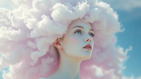 Fantasy sky queen with hair made of clouds, photorealistic, captured in natural lighting, using a macro lens, featuring gentle baby purple and mint colors, full body portrait, pastel hues, with a focus on white skin tone, depth of field effect, aspect ratio 1:2, highly stylized, ethereal and dreamlike atmosphere.